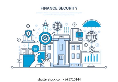 Finance security and payment secure, insurance, protection, cash deposits, purchases and money transfers, analysis of finance, transactions deposits. Illustration thin line design of vector doodles