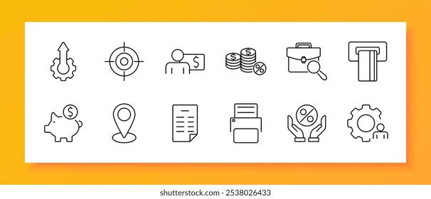 Finance and security set icon. Money search, safe, wallet, calendar, time check, finance chart, lock, briefcase, investment hand, currency gear, approval, light bulb