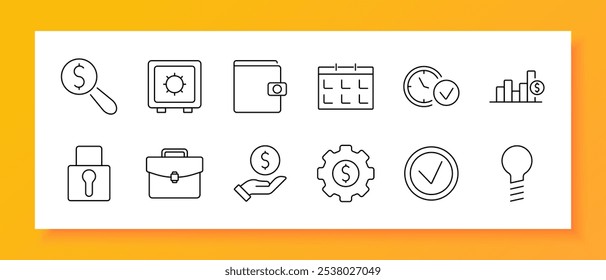 Symbol für Finanz- und Sicherheitsgruppe. Geldsuche, Tresor, Geldbörse, Kalender, Zeitkontrolle, Finanzkarte, Schloss, Aktentasche, Investment Hand, Währungsausrüstung, Genehmigung, Glühbirne. Einsparungen, Sicherheit