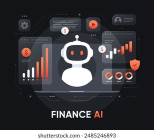 Finance service bot. Robot with charts and bank technologies. Artificial intelligence in financial technologies. Vector illustration