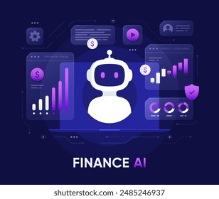 Servicio de finanzas bot. Robot con gráficos y tecnologías bancarias. Inteligencia artificial en tecnologías financieras. Ilustración vectorial