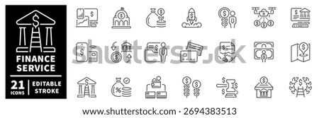 Finance service editable line icons set. money and banking outline symbols