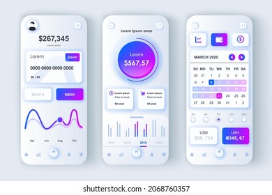 Finance services concept neumorphic templates set. Online banking, account opening, monitoring and navigation. UI, UX, GUI screens for responsive mobile app. Vector design kit in neumorphism style