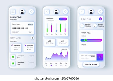 Conjunto de plantillas neumórficas de concepto de servicios financieros. Servicio de tarjetas de crédito y control de gastos e ingresos. pantallas de interfaz de usuario, UX, GUI para aplicaciones móviles receptivas. Kit de diseño de vectores en estilo neumorfismo