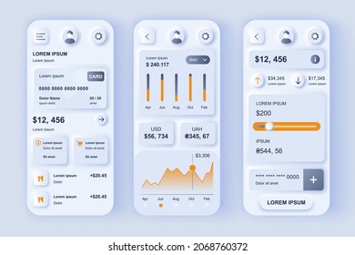 Finance services concept neumorphic templates set. Financial account in online banking, transaction monitoring. UI, UX, GUI screens for responsive mobile app. Vector design kit in neumorphism style