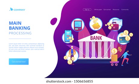 Finance services. Financial transaction. E-commerce and e-payment. Banking operations, main banking processing, easy banking services concept. Website homepage landing web page template.