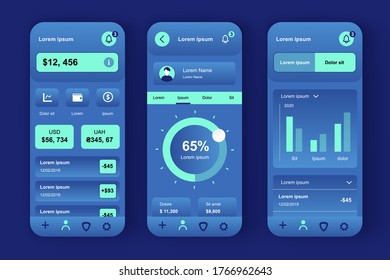 Finance services unique design kit for mobile app. Credit card balance, checking account, transaction confirmation. Online banking UI, UX template set. GUI for responsive mobile application