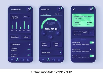 Finance services unique neomorphic design kit. Online banking screen with charts and financial analytics. Finance management UI UX templates set. Vector illustration of GUI for responsive mobile app.