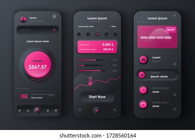 Finanzdienstleistungen einzigartiges neomorphes Design Kit für mobile App Neomorphismus Stil. Online Banking Bildschirm mit Diagrammen. Benutzeroberfläche für Finanzverwaltung, UX-Vorlage festgelegt. GUI für reaktionsschnelle mobile Anwendungen.