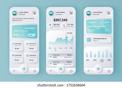 Finance services unique neumorphic design kit for mobile app. Online banking screen with charts and financial analytics. Finance management UI, UX template set. GUI for responsive mobile application