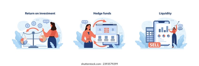 Finanzausstattung Analyse der Kapitalrendite, Einstieg in Hedgefonds und Verständnis von Liquidität. Ausgewogene Skala, Fondsüberwachung, Sofortverkauf. Flache Vektorgrafik