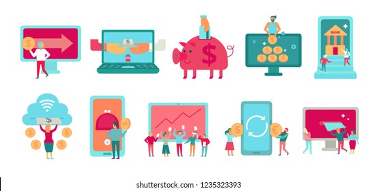 Finance set of flat icons with internet banking digital stock exchange online payments system isolated vector illustration