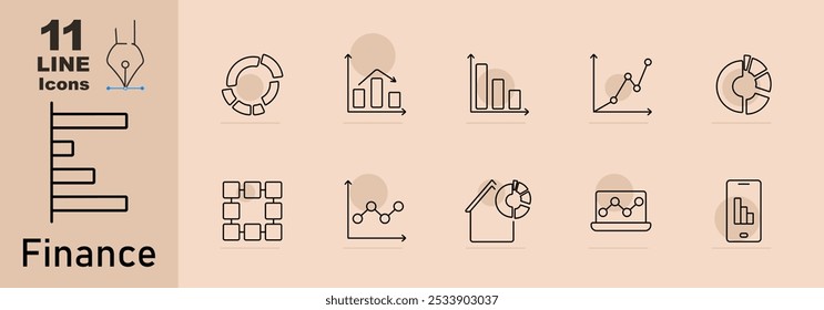 Icono de conjunto de finanzas. Gráfico de barras, pastel, gráfico de crecimiento, gráfico de líneas, gráfico de círculos, red, datos, hogar, gráfico, computadora portátil con gráfico, teléfono inteligente con datos. Ideal para finanzas, estadísticas