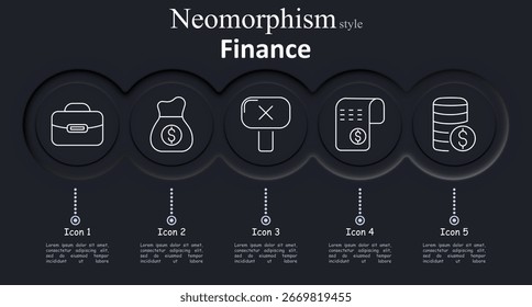 Finance set icon. Briefcase, money bag, cancel sign, receipt with coin, coin stacks outlined in minimal white lines on rounded dark buttons with neomorphic shading