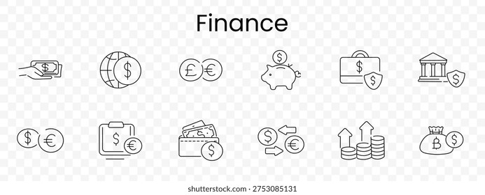Finance set icon. Cash, globe, currency, piggybank, briefcase, bank, exchange, wallet, transfer, growth, moneybag, savings, investment, economy, security
