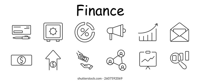 Finance set icon. Check, pen, vault, percentage, megaphone, chart, mail, cash, profit, hand, payment, team, analytics, magnifier. Financial planning, communication, storage, marketing.