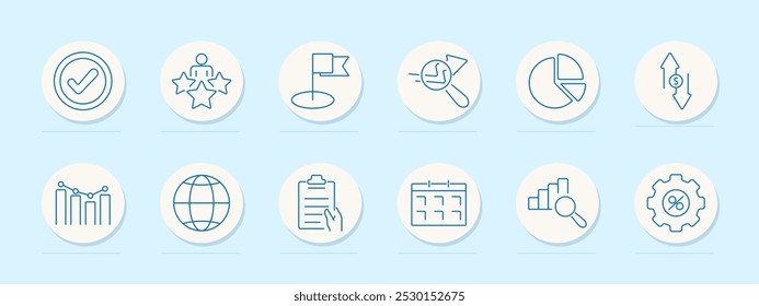 Finance set icon Checkmark, person with stars, flag, magnifying glass with chart, pie chart, money exchange arrows, graph, globe, clipboard, calendar, magnifying glass with chart, gear with percentage