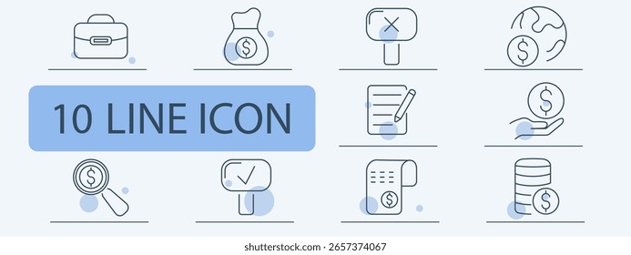 Finance set icon. Coin, wallet, magnifier, briefcase, checklist, bill, database, globe, tick, cross outlined in minimal style for banking and transaction theme.