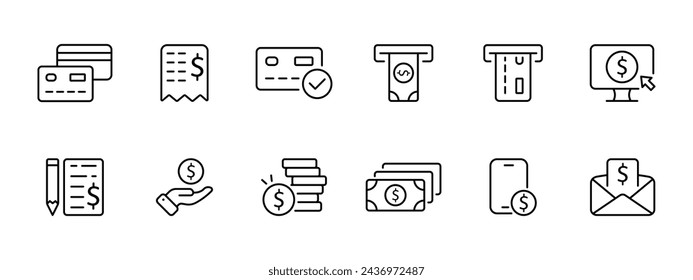 Finance set icon. Credit card, account, confirmed credit card, money at an ATM, payment by card, online shopping, signing important papers, investments , earnings from the phone. Vector line icon.