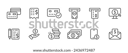 Finance set icon. Credit card, account, confirmed credit card, money at an ATM, payment by card, online shopping, signing important papers, investments , earnings from the phone. Vector line icon.