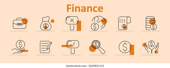 Icono de conjunto de finanzas. Exhibe el maletín, bolso de la moneda, documento, globo, Comprobante, pila de monedas, mano, búsqueda, lupa, lista de comprobación, todo dibujado con la línea estructurada estética