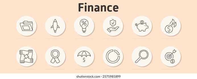 Finance set icon. Folder, rocket, percentage bulb, shield hand, piggy bank, burning dollar, teamwork, medal, umbrella with dollar, circular arrow, magnifier, target