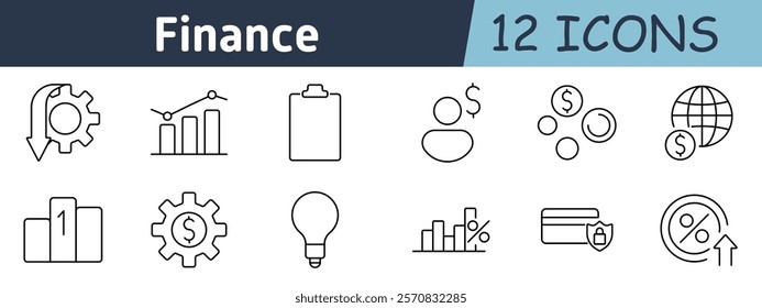 Finance set icon. Gear with arrow, bar chart, clipboard, user with dollar, coins, global economy, podium, cogwheel, lightbulb, profit chart, credit card security, percentage growth