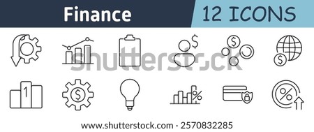 Finance set icon. Gear with arrow, bar chart, clipboard, user with dollar, coins, global economy, podium, cogwheel, lightbulb, profit chart, credit card security, percentage growth