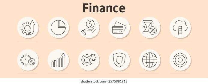 Finance set icon. Gear, pie chart, hand with dollar, credit card, hourglass, cloud with ladder, percentage circle, growth chart, gear with dollar, shield, globe, target