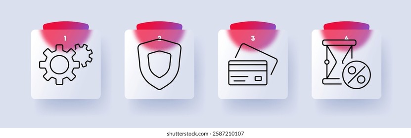 Finance set icon. Gears, shield, credit card, hourglass with percentage, banking, security, transactions, financial management, economy, protection