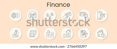 Finance set icon. Global currency, blocked card, interest balance, credit payment, card search, mobile banking, money bag, terminal, deposit, mortgage, contract, property investment
