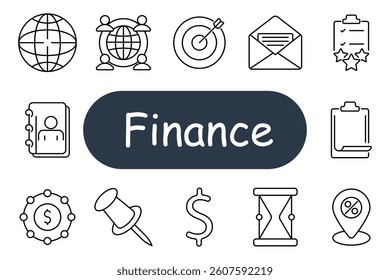 Finance set icon. Globe, people, target, envelope, checklist, contact, dollar, pin, hourglass, map, chart, review, business, identity, rating, market.