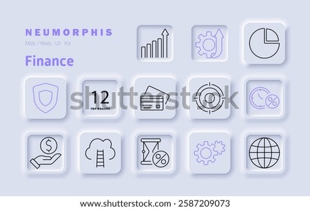 Finance set icon. Growth chart, financial strategy, pie chart, security, quality certification, credit card, investment, target, percentage, savings, global finance