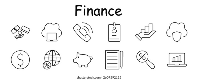 Finance set icon. Hand with money, cloud service, phone, badge, report, protection, dollar, globe, piggy bank, document, percent, laptop with graph.