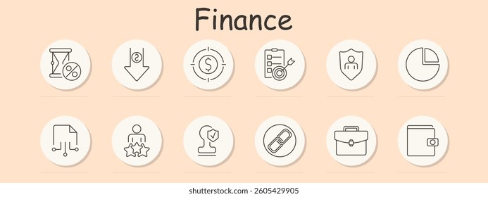 Finance set icon. Hourglass, percent, arrow down, target, list, security, pie, flowchart, rating, insurance, chain, briefcase, wallet, connected to savings and strategy