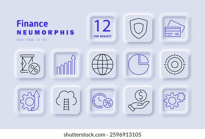 Finance set icon. Interest rate, stock growth, global economy, pie chart, target, credit card, financial security, investment, cloud banking, savings, automation