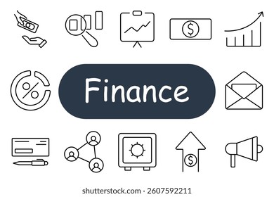 Finance set icon. Payment, magnifier, chart, money, growth, envelope, percentage, check, connection, vault, arrow, speaker, analysis, deposit, strategy.
