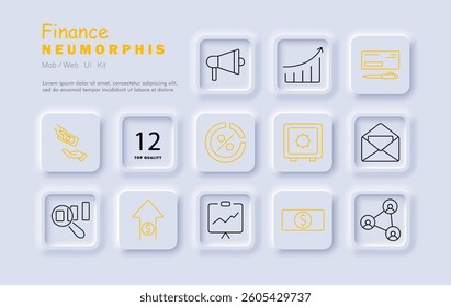 Finance set icon. Payment, megaphone, chart, check, percentage, safe, mail, magnifier, rise, screen, money, network