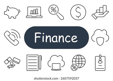 Finance set icon. Piggy bank, graph, magnifier, dollar, growth, phone, shield, money, notebook, cloud, globe, card, document, chart, savings, income.