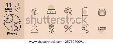 Finance set icon. Pound-dollar exchange, shipping box, settings gear, umbrella, percentage, user icon, and network. Represents trade, transactions, and financial logistics.