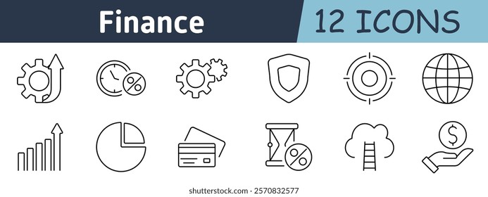 Finance set icon. Progress gear, interest percentage, settings, shield, target, globe, growth chart, pie chart, credit card, hourglass, loan percentage, cloud saving, money transfer