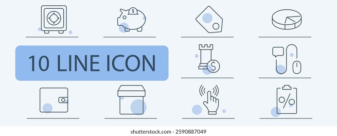 Finance set icon. Safe deposit, piggy bank, discount tag, investment strategy, pie chart, financial planning, digital transactions, online payment, economic report, cashback system.