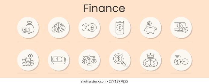 Finance set icon. Savings bag, world money, yen bitcoin, mobile banking, piggybank, secure monitor, coin stack, banknote, balance scale, search dollar, royal wealth, currency swap, fintech investment
