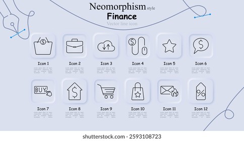Finance set icon. Shopping basket, business briefcase, cloud storage, currency transfer, star rating, financial speech, online shopping, real estate investment, shopping cart, bag, discount offer