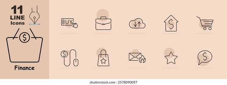 Finance set icon. Shopping cart, briefcase, currency symbol, wallet, house with dollar, package, mail icon, and star. Represents e-commerce, investments, and transactions.