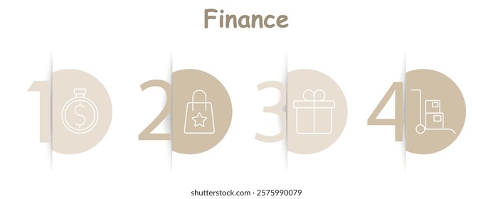 Finance set icon. Stopwatch with dollar, shopping bag, gift box, dolly with boxes, commerce, transactions, delivery, organization