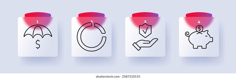 Finance set icon. Umbrella with dollar sign, circular progress, shield with hand, piggy bank, money, savings, investment, financial security, economy