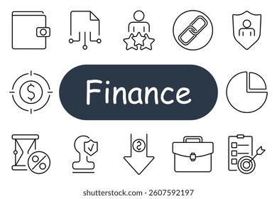 Finance set icon. Wallet, network, user, chain, shield, currency, pie, time, certificate, arrow, briefcase, target, finance, rating, budget, protection.