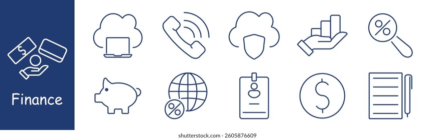 Finance set icon. Wallet, phone, cloud, security, growth, percentage, piggy, globe, badge, coin, report, presenting transaction, analysis, global economy