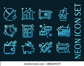 Iconos del juego de finanzas. Estilo neón azul brillante.